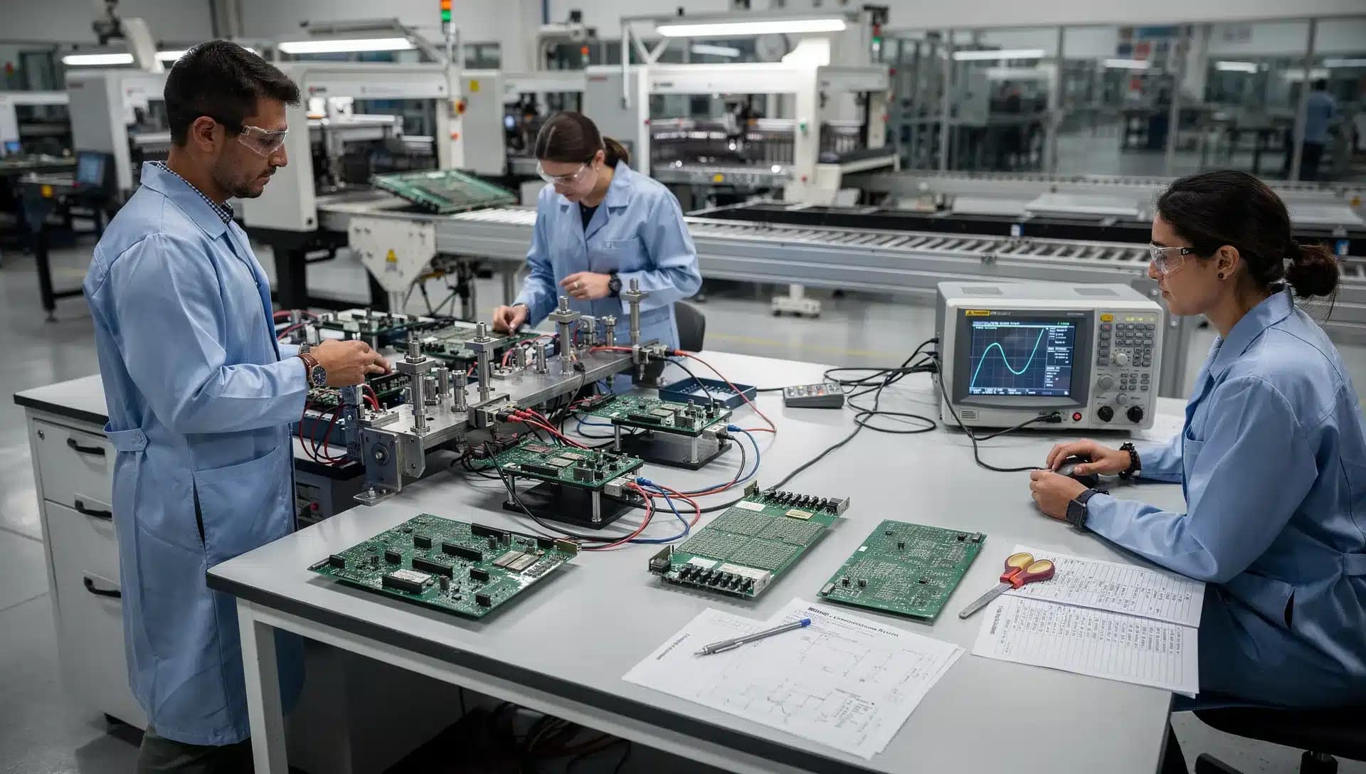 Stazione di programmazione di schede elettroniche in una fabbrica EMS con linea produttiva sullo sfondo