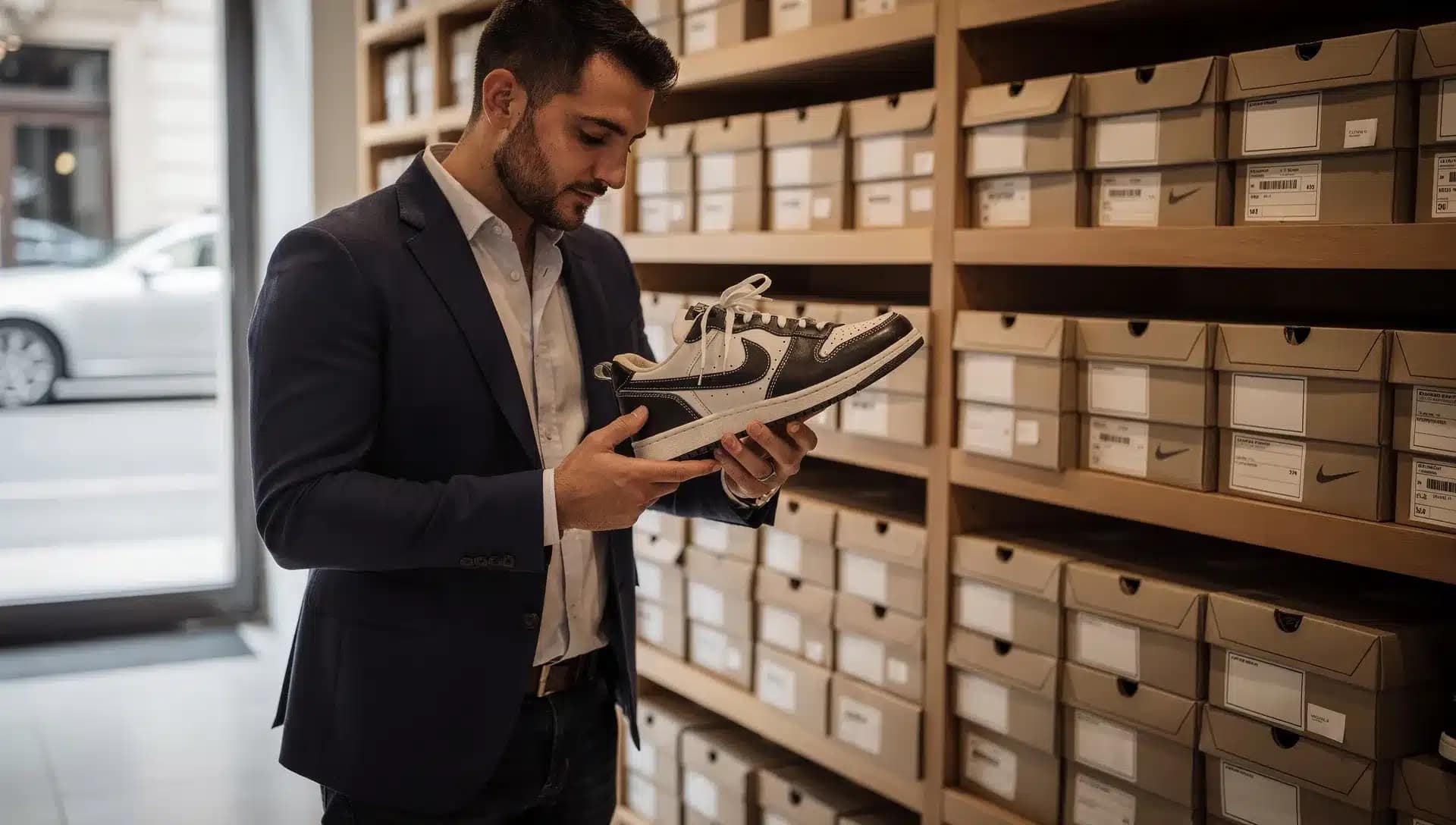 Cliente in un negozio specializzato esamina sneaker rare tra scatole e modelli da collezione
