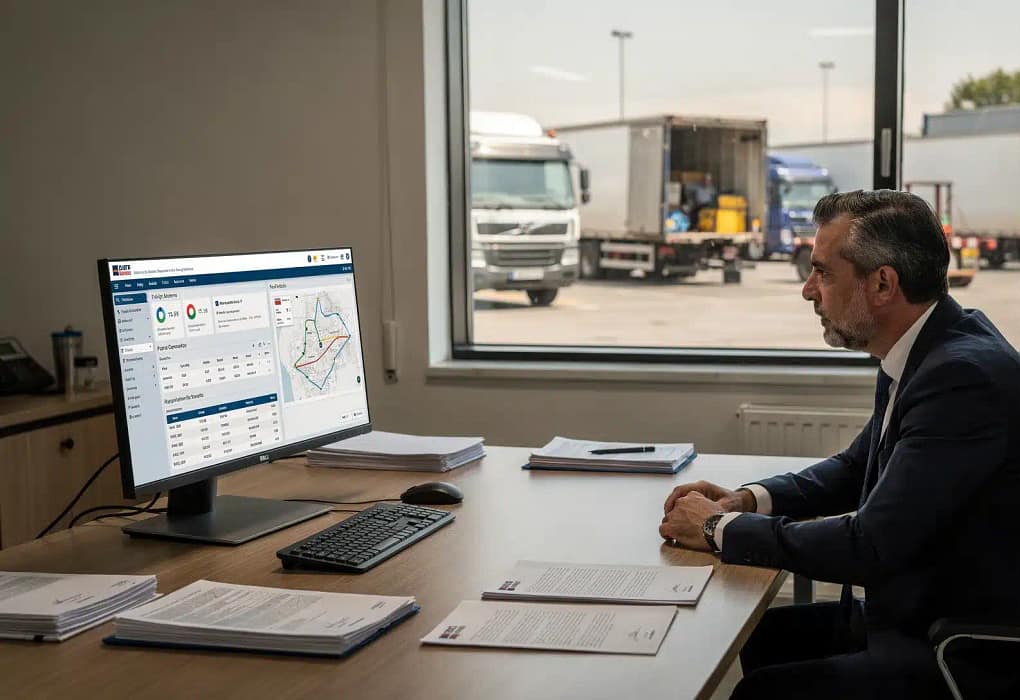 Responsabili di un'azienda di autotrasporto controllano dashboard software e documenti contrattuali in ufficio operativo