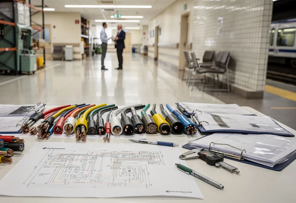 Tavolo tecnico con campioni di guaine per cablaggi e progetti, sullo sfondo capannone industriale, corridoio ospedaliero e stazione metro