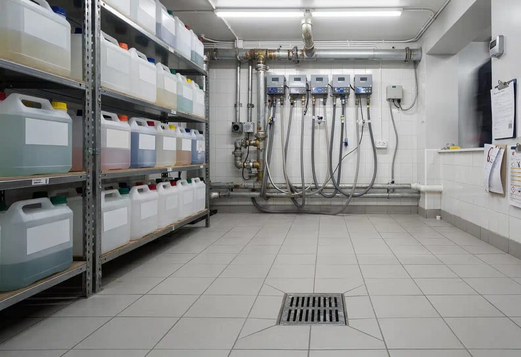Retrobottega di una lavanderia self-service con contenitori di detergenti, area tecnica e punto di scarico