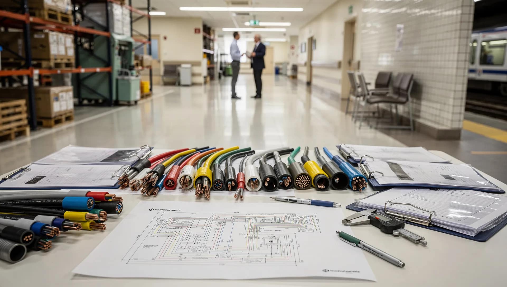 Tavolo tecnico con campioni di guaine per cablaggi e progetti, sullo sfondo capannone industriale, corridoio ospedaliero e stazione metro